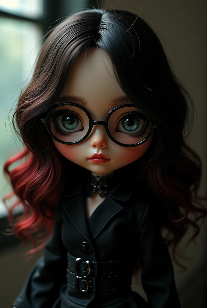 Blythe doll pele morena, dark brown curly hair, neck-length hair with red highlights, round glasses , gothic