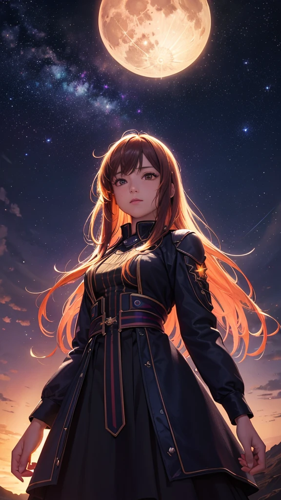 landscape photograph , (a view from below that shows sky above and open field below), a girl standing on flower field looking up, (full moon:1.2), ( shooting stars:0.9), (nebula:1.3), distant mountain, tree BREAK
production art, (warm light source:1.2), (Firefly:1.2), lamp, lot of purple and orange, intricate details, volumetric lighting BREAK
(masterpiece:1.2), (best quality), 4k, ultra-detailed, (dynamic composition:1.4), highly detailed, colorful details,( iridescent colors:1.2), (glowing lighting, atmospheric lighting), dreamy, magical, (solo:1.2)
