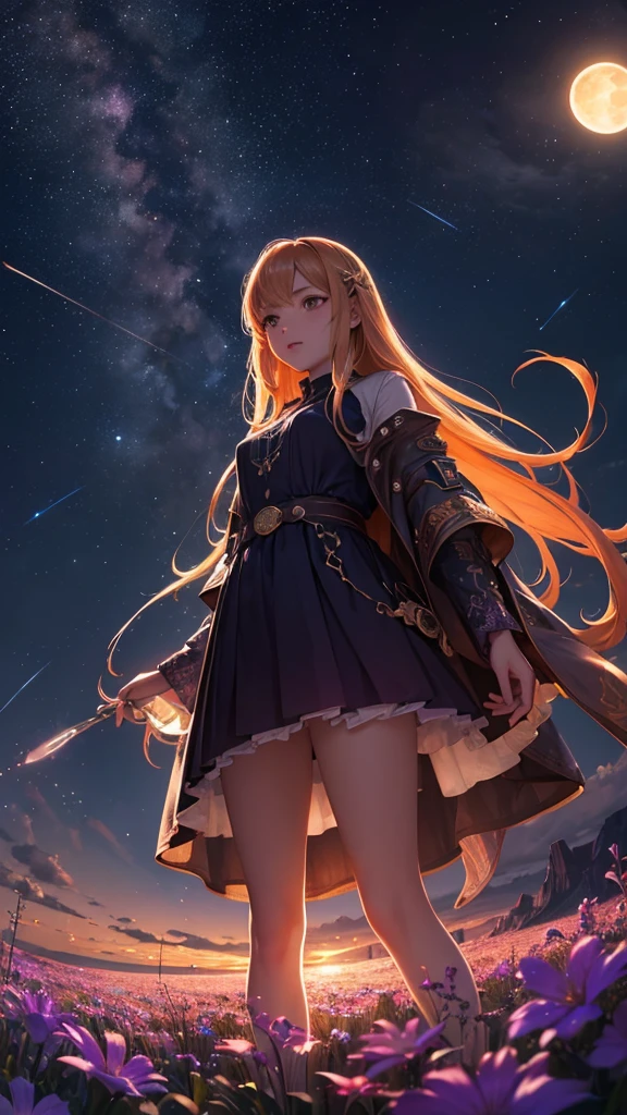 Very high quality. A woman who looks like a fantasy heroine standing on the shore of a vast lake at night. The turtle is close by.