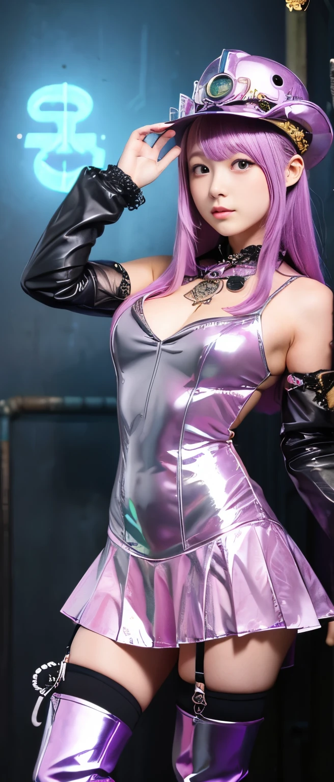 8k、High resolution、punk fashion、beautiful girl、slender body、young、colorful costumes、white skin,narrow eyes、london cityscape,high nose,lighting that illuminates the face、clear image、intellectual beauty、eyes staring straight ahead、skinny、no makeup、Purple lace costume、