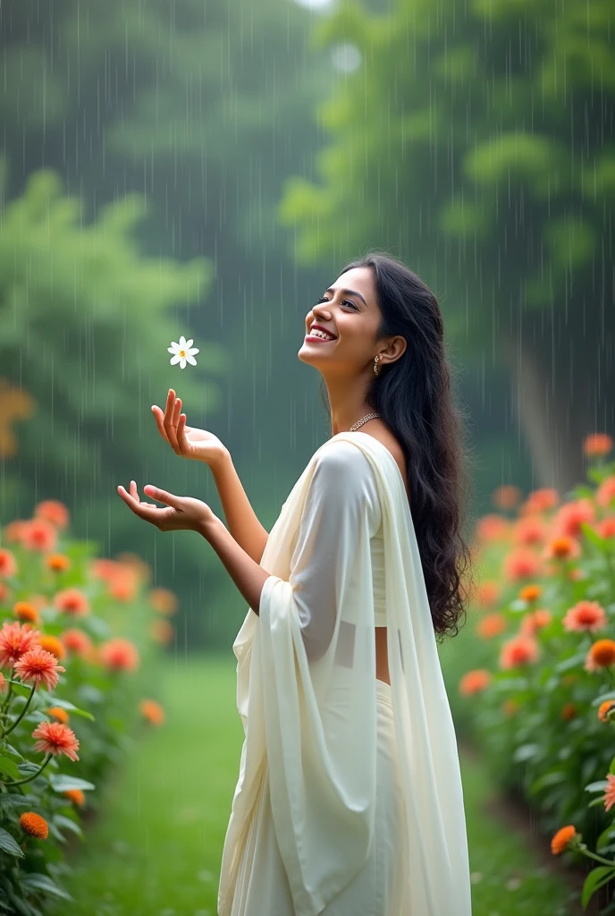 A Indian ledy stand and smile in a garden front side photo with rainfall and catch a flower white saree