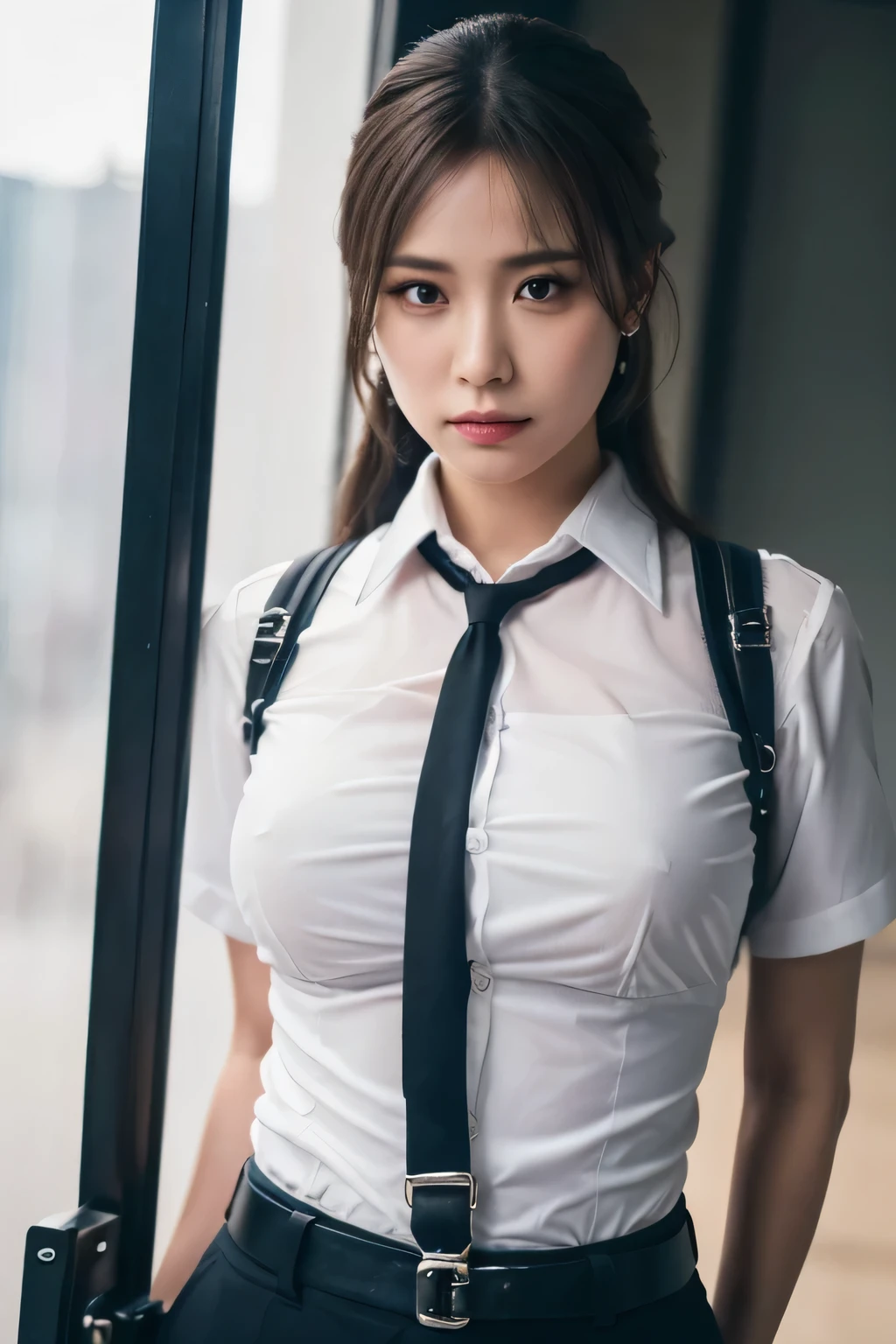 a woman in a suit, belt, hands behind back, sweating, suspenders, black pants, sexly, large breasts, see-through clothing, rain, detective, office worker, white button-up shirt, (best quality,4K,8k,highres,masterpiece:1.2),ultra-detailed,(realistic,photorealistic,photo-realistic:1.37),hyper-detailed,highly detailed face and body, Slender　thin　suspenders　Moderate breasts　See-through shirt　Nipples　holster　chain　Pistol　Armament　criminal　Female criminal　knife