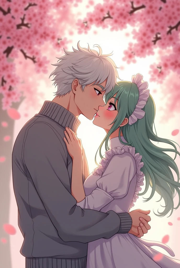 Anime boy with white hair, curly hair, pink eyes, pale skin, long eyelashes, grey eyebrows, glossy lips tall muscular white sweater, kissing shy female with long light green hair, maid, cherry blossom trees