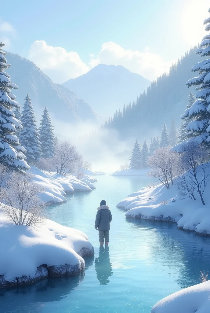 ((Highest quality)), ((masterpiece)), (detailed), One person, Snow Scenery, SGinzan Onsen snow scene