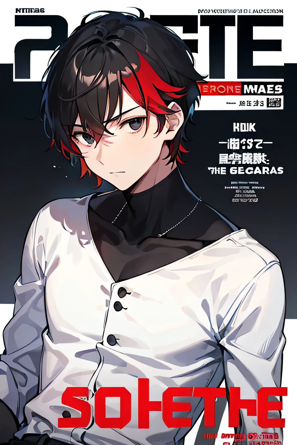 a mais alta qualidade, 8k, image high resolution, Jujutsu kaisen estilo anime , Arataki Itto, Detailed strokes, fundo desfocado, (a magazine cover style),  purple light reflecting on him , (angulo de perto), 1 homem, jovem, masculo, modelo, bandeide na boca, sentado em um sofa, multicolored background with various geometric shapes , stikers em volta, musculoso, cabelo vermelho, vestindo uma jaqueta fria , olhos marcantes , com a camisa, Peito inchado