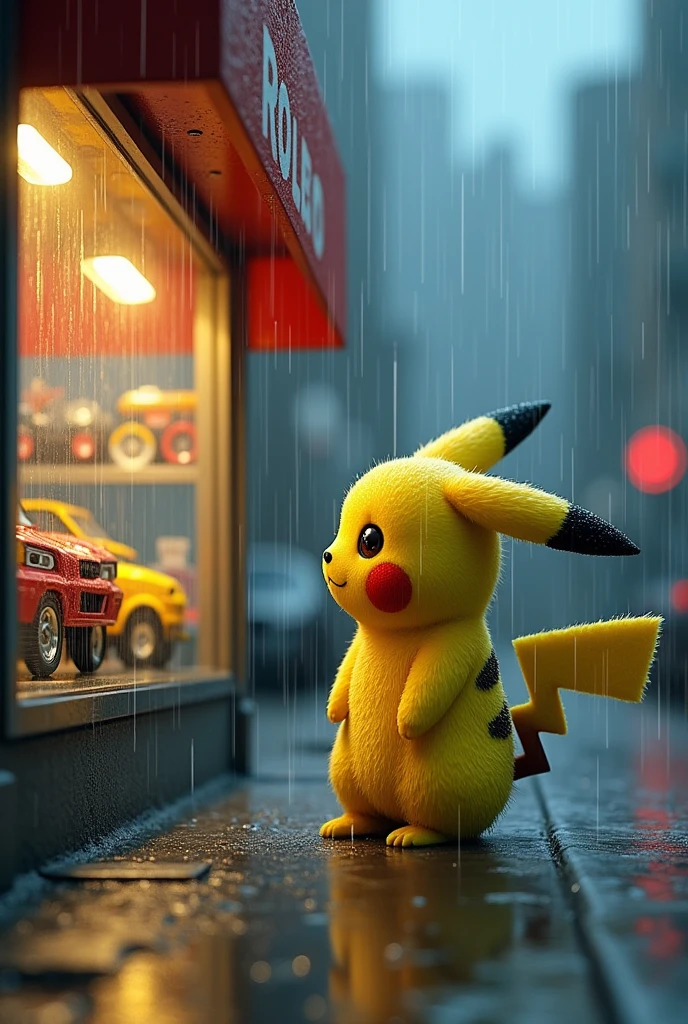 In heavy rain,One is completely wet,Poor anthropomorphic Pikachu,Very small,Standing in front of the vehicle toy store,Looking at the toy car inside,The background is a street,The picture is very real,Rich in details。Scale 1.1