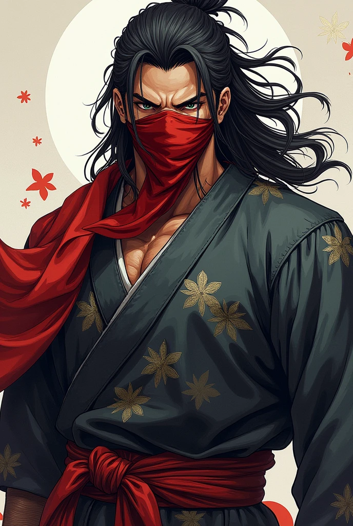 Young Samurai of 20 years of age with long black hair, one-eyed, with a rough appearance, corpulent and muscular and with a red bandana on his forehead to the back of his head and is placed on his missing eye. Dressed in a typical samurai costume, one pulled up to the order and the other shoulder lowered to his hips, below a black shirt.