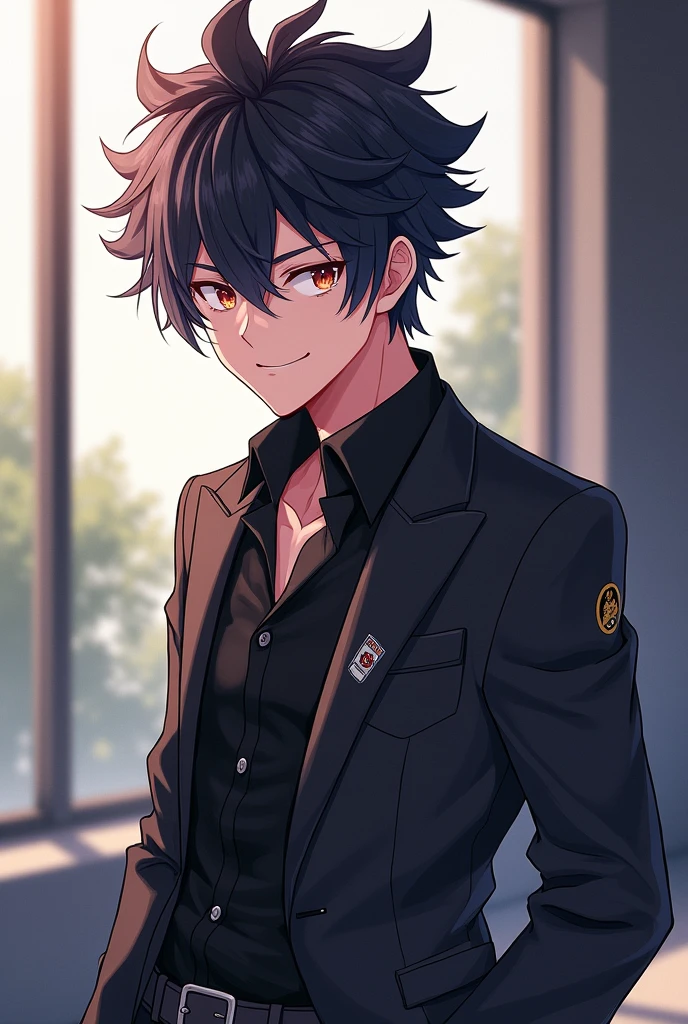 Imagine a handsome anime boy with a striking presence. He has sharp, intense eyes and a confident, charismatic smile. His hair is stylishly tousled, with a hint of an unusual color or streak that suggests his unique abilities. He wears a sleek, modern outfit that combines both elegance and practicality, perhaps with subtle patterns or symbols indicating his power.