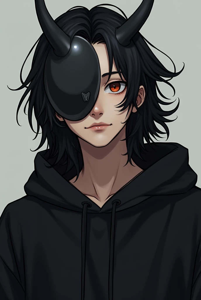 Handsome boy in his teens, dressed in a black sweatshirt with long jet black hair, falling down the back, partially covering his face with an onii demon mask, which mainly rested on the forehead. 