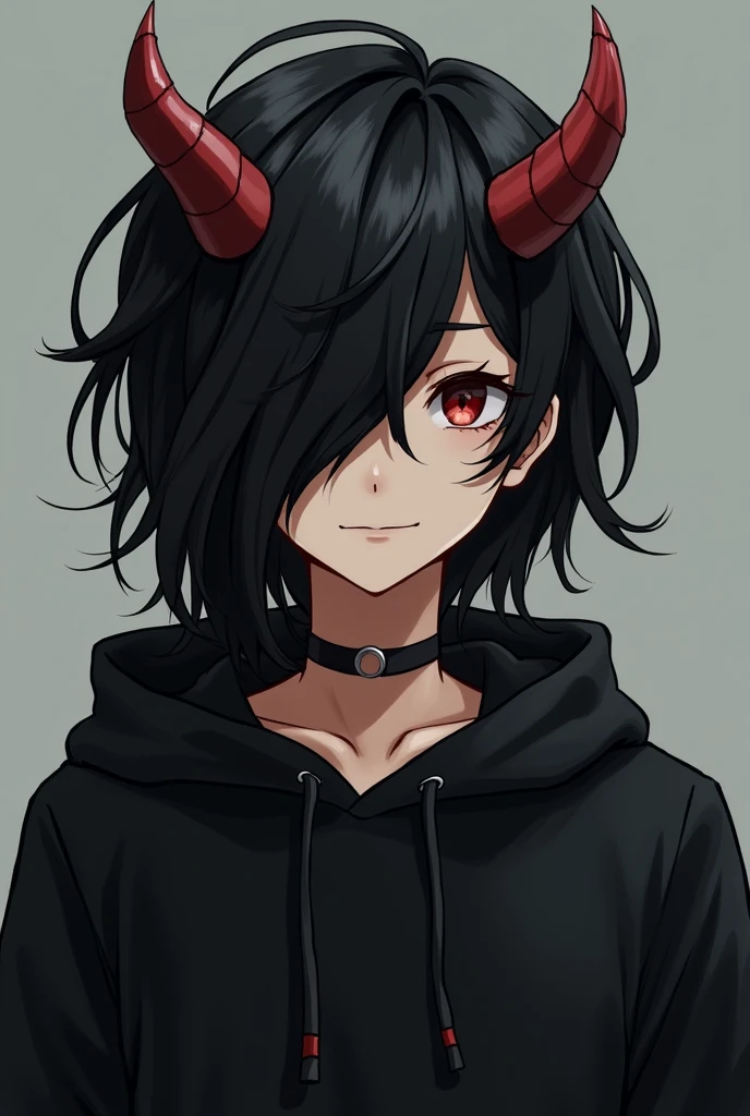 Handsome boy in his teens, dressed in a black sweatshirt with long jet black hair, falling down the back, partially covering his face with an onii demon mask, which mainly rested on the forehead.