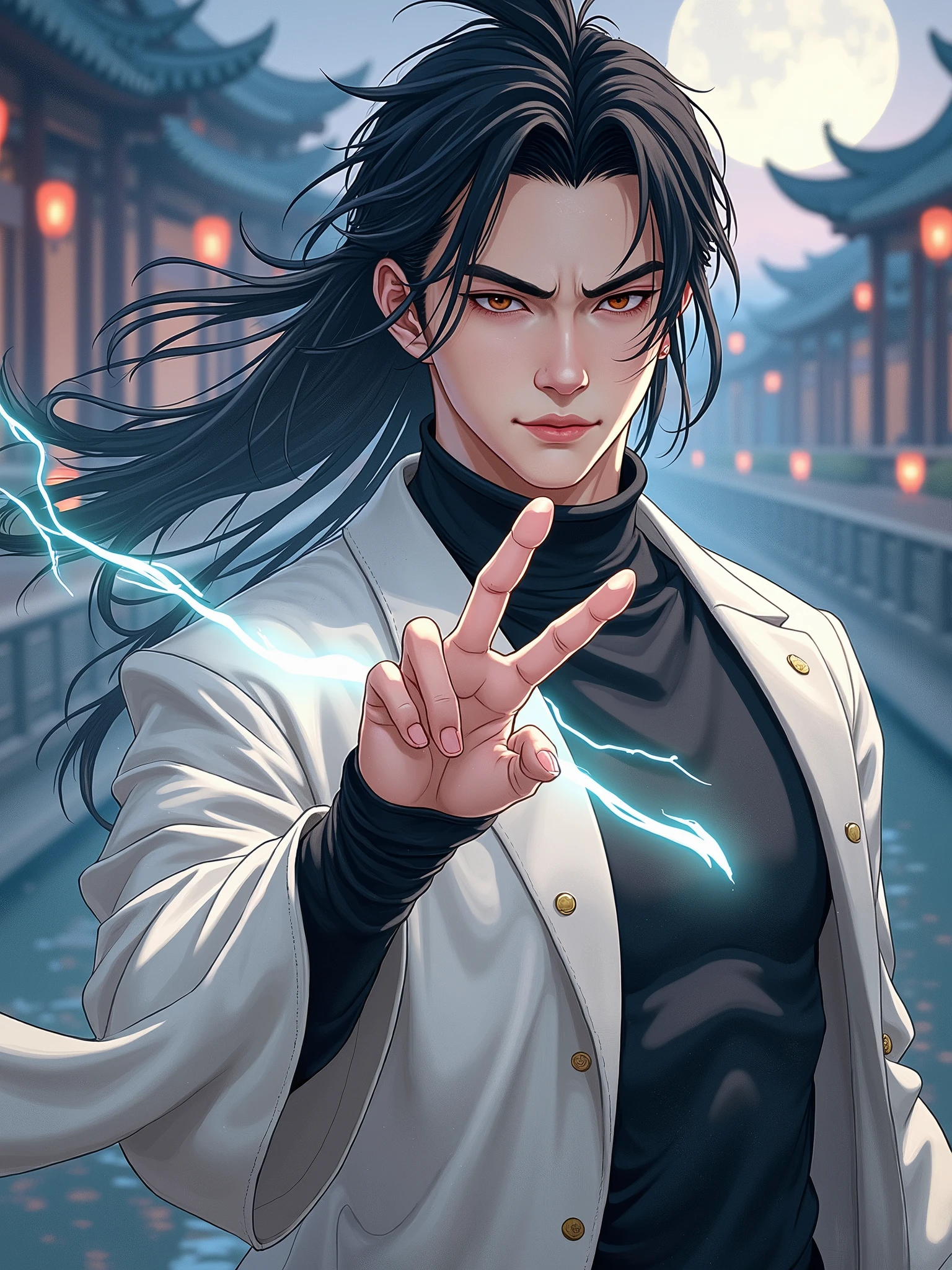 A 2 Asian man，Thick eyebrows，Melon seed face，Handsome face，Men's full body ，A transparent streamer is tied to the body and flutters in the wind，The background is an ancient Chinese town，Time is night。Deep blue sky，A full moon，Lots of black lanterns，Pavilions and arch bridges，His skin is fair，He is slender,  The limbs have pronounced muscle lines，high-definition photography，Real-world scenarios，Lots of detail, wearing black long coat, black long pants, black turtleneck shirt, lightning, magic, messy long hair, battle pose, confidently looking into distance, suppressed anger, devilish gaze