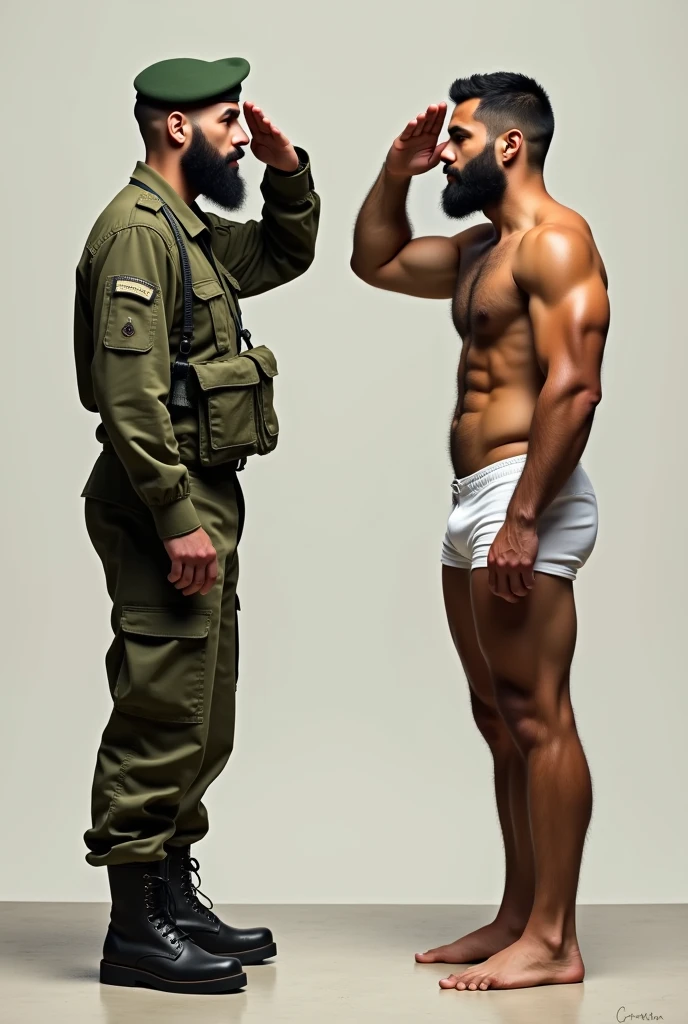 Strong, bearded young Bolivian soldier, in Army olive green camouflage combat uniform, with a beret on his head and boots on his feet, salutes a strong, hairy, bearded Bolivian man in bulging white underwear.