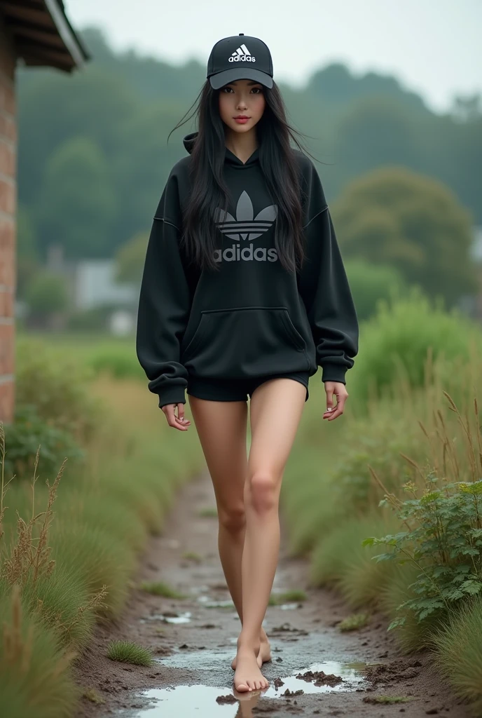 Sexy korean girl, long black hair, black eyes, barefoot, wear black adidas cap, wear black adidas hood, wear black adidas short hot pants, background is countryside, stepped in poop