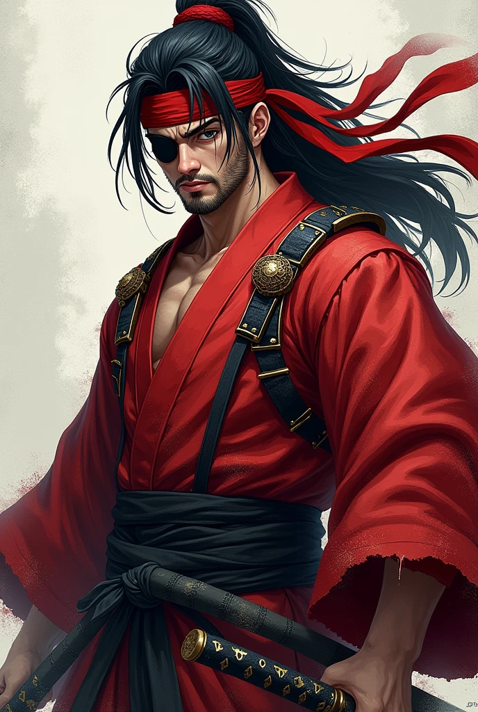 Young Samurai of 20 years of age with long black hair, one-eyed, with a rough appearance, corpulent and muscular and with a red bandana on his forehead to the back of his head and is placed on his missing eye. Dressed in a typical samurai costume, one pulled up to the order and the other shoulder lowered to his hips, below a black shirt.
