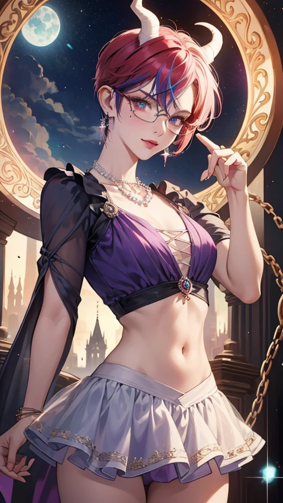 8k, masterpiece, best quality, highly detailed, 1 girl, tiefling, warlock, pixie cut, multicolored hair, very short straight hair red highlight hair on white hair, strippled hair, wearing glasses, round glasses, earrings, navel piercing, red eyeshadow, long eyelashes, blushed cheek, red lips, pearl necklace, rings, collarbone, mole on face, glamorous, teal and purple clothes, sleeveless, miniskirt, smirk, hand on chest, close up view, rings, looking at viewer, demon horns, solo, milky way, starry sky, blood red moon, standing, chains on the background.