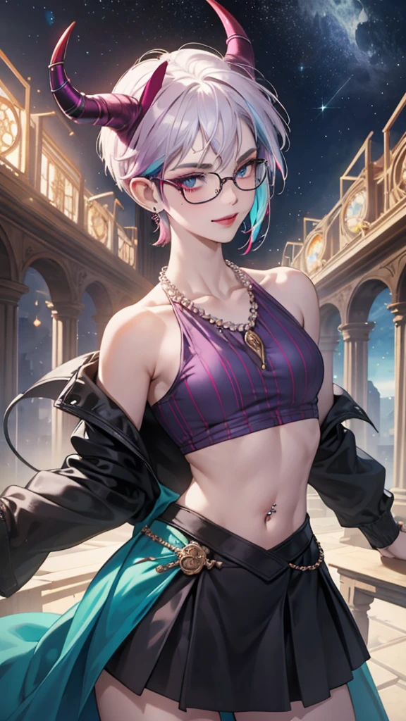 8k, masterpiece, best quality, highly detailed, 1 girl, tiefling, warlock, pixie cut, multicolored hair, very short straight hair red highlight hair on white hair, strippled hair, wearing glasses, round glasses, earrings, navel piercing, red eyeshadow, long eyelashes, blushed cheek, red lips, pearl necklace, rings, collarbone, mole on face, glamorous, teal and purple clothes, sleeveless, miniskirt, smirk, close up view, rings, looking at viewer, demon horns, solo, starry sky, pale blue moon, standing, boxing stance, demonic arms, chains on the background.