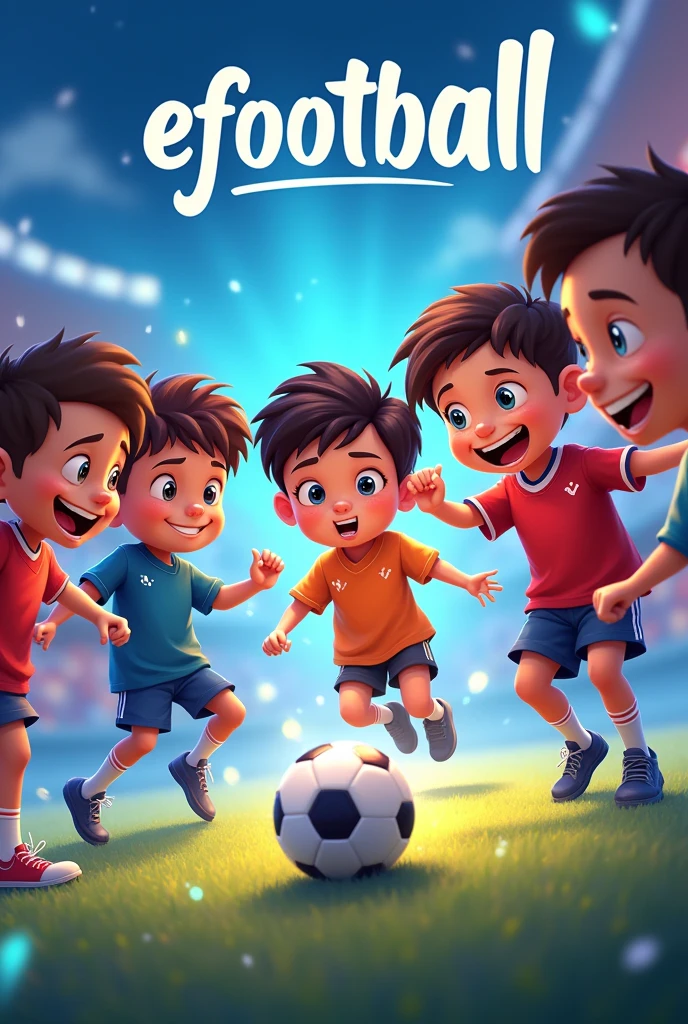 Five are playing soccer game on mobile
phone and eFootball is written in big above the picture.