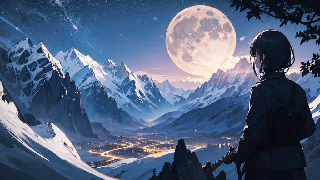 "A silhouette of a person playing a guitar against the backdrop of a mountain at night. A full moon rises behind the mountains, with the wind quietly rustling through the trees. Stars twinkle in the sky, and the silhouette of the mountains is outlined in black as the sound of the guitar echoes through the night."