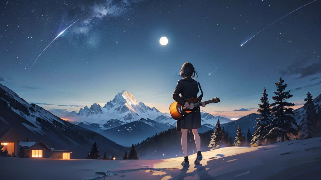 "A silhouette of a person playing a guitar against the backdrop of a mountain at night. A full moon rises behind the mountains, with the wind quietly rustling through the trees. Stars twinkle in the sky, and the silhouette of the mountains is outlined in black as the sound of the guitar echoes through the night."