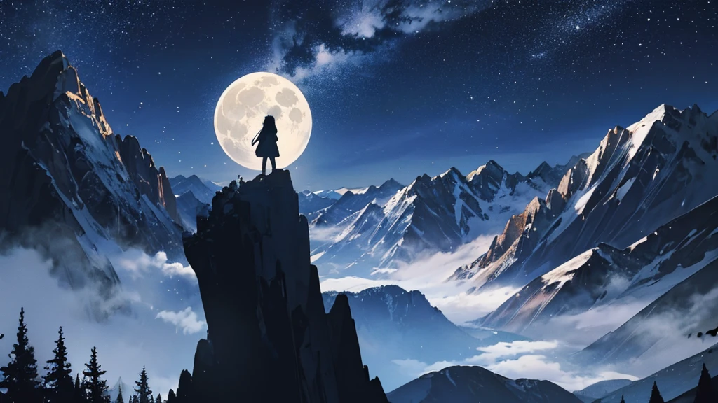 "A silhouette of a person playing a guitar against the backdrop of a mountain at night. A full moon rises behind the mountains, with the wind quietly rustling through the trees. Stars twinkle in the sky, and the silhouette of the mountains is outlined in black as the sound of the guitar echoes through the night."