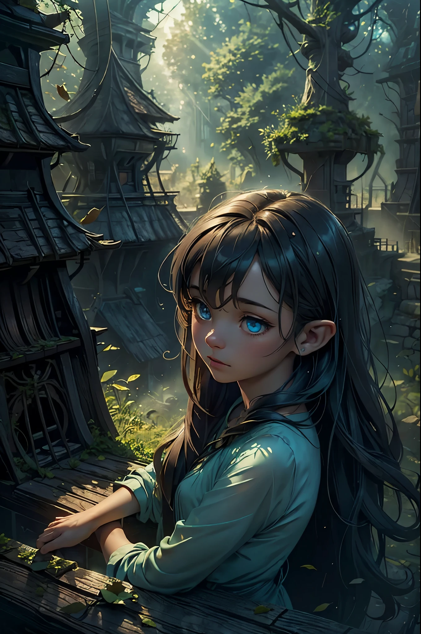 (Realystic:1.4), analog photo style, depths of field, (dark-haired Lightfoot Halfling with blue eyes, naked), (small leaves and insects got tangled in wet hair), wide waist, (her full body is a visual pleasure), view from above, extremely sexy, dark fantasy atmosphere, deep shadows with the some sun rays, a delicate balance between reality and fantastic, faded colours, great quality, Masterpiece, blurred gloomy background, naturally cinematic light, 16k quality, kodak porta 400, bokeh.