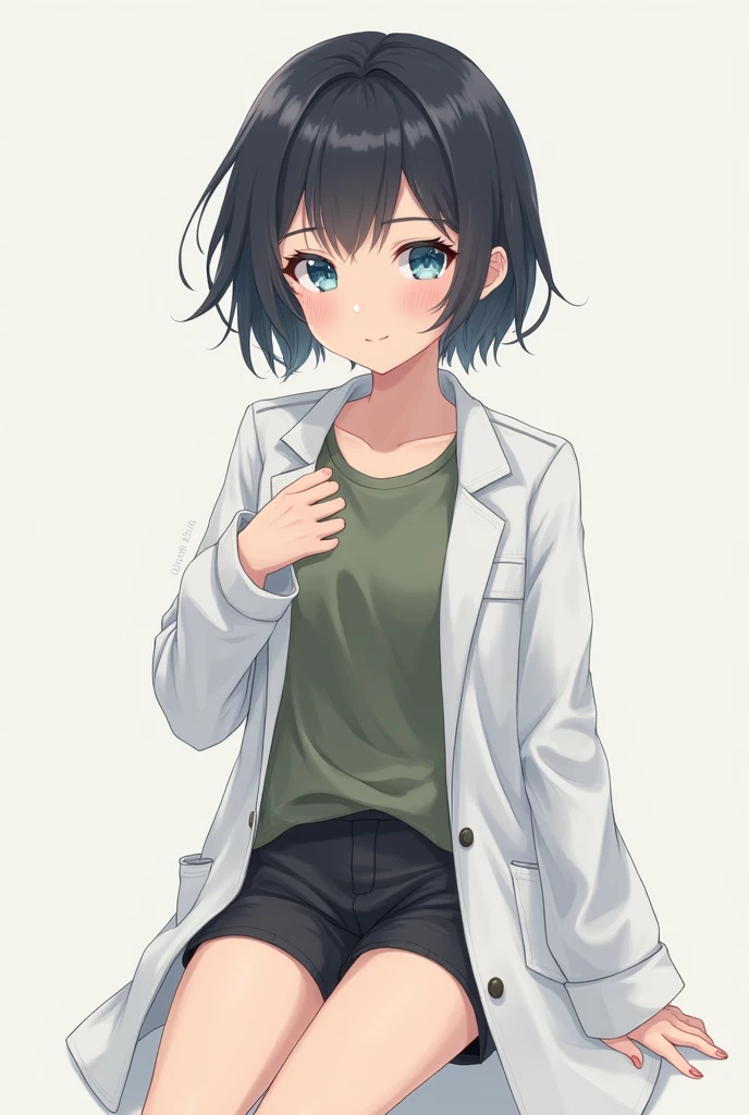 Female, Anime, 17-year old, Sleepy expression, Short black hair, Fair skin, Blue eyes, Lab coat, Olive long-sleeved shirt, Black shorts, Black shoes
