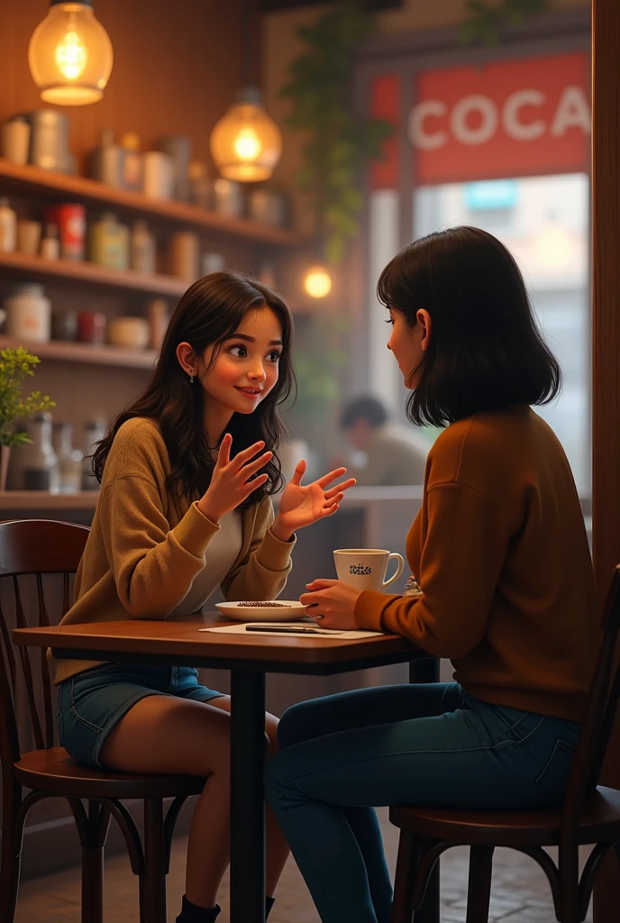 a girl on the left side talking in a small coffee shop 