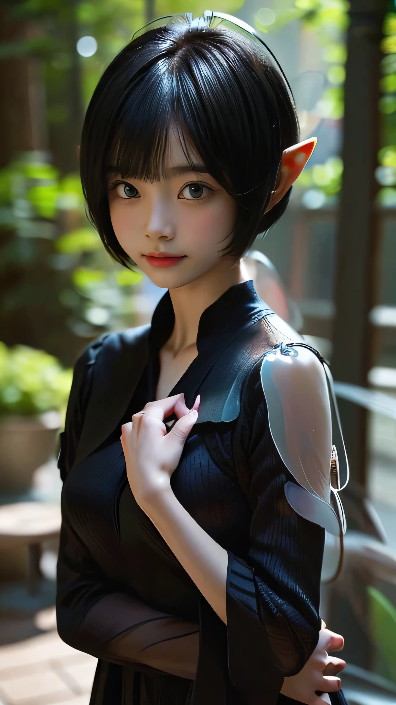Highest quality、Ultra-high resolution、Written boundary depth、(Award-winning photo、An incredible masterpiece:1.3), shiny black hair, Cute Japanese Woman, 20-year-old, Beautiful breasts, Beautiful Face, ((((PIXIE CUT))))