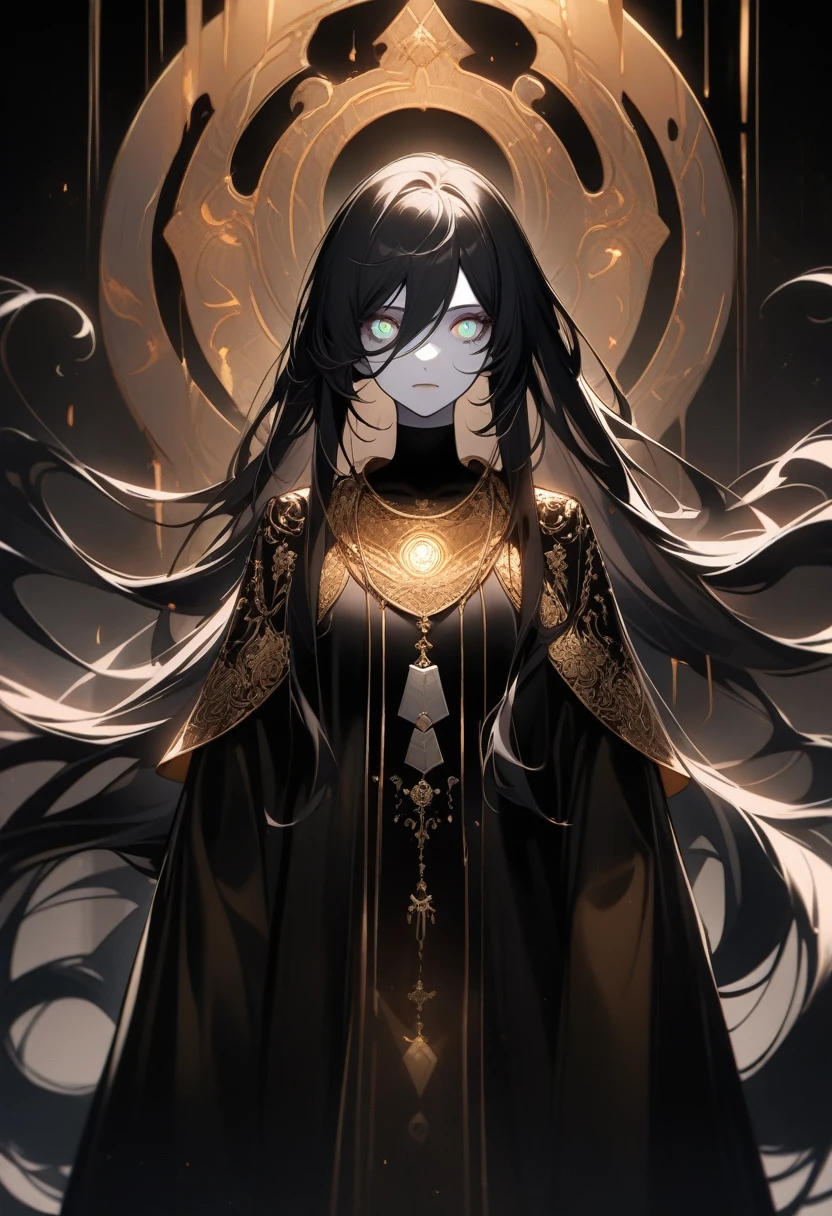 beautiful woman with pale skin and long hair, raven-colored hair, In the style of Artgerm. her eyes glow, like molten gold., and her facial features are thin and sharp. She wears a long one, flowing black silk robe with silver embroidery, depicting strange symbols and creatures. She has a silver amulet hanging around her neck... The background is a dark and mysterious void with swirling fogs.. The lighting is dramatic and highlights her ethereal beauty and the hint of danger in her eyes...