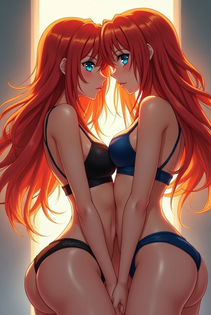 Nuruto hair in fire hair red and blu eyes close poses in two girls big boobs bra and panty without bra