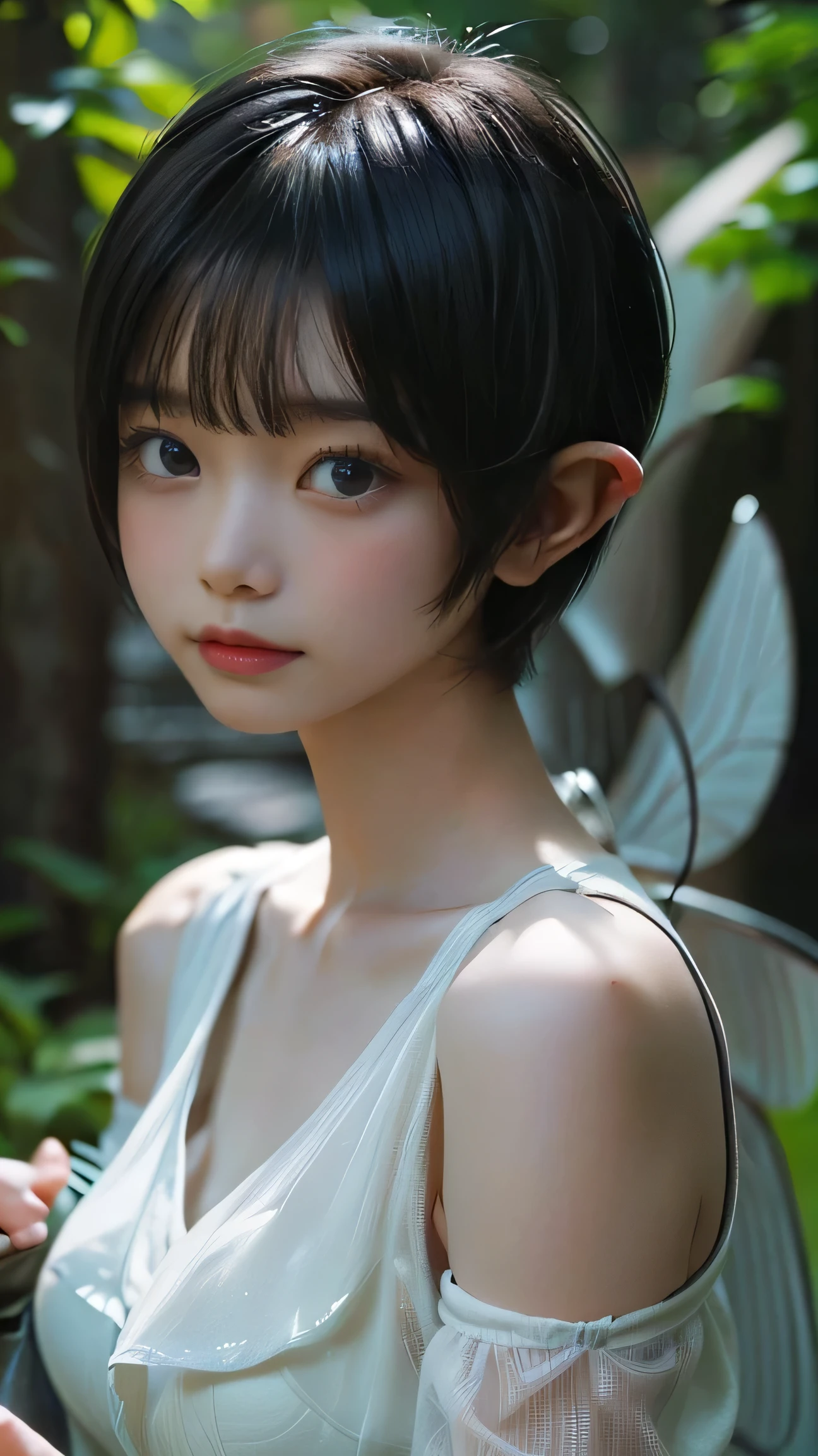 Fairiy with a Japanese face, ((best quality)), ((masterpiece)), (detailed), realistic, photo, ethereal beauty,cute,(black hair:1.1), (black eyes:1.1),Light colored dress,(transparent fairy wings:1.2), exquisite and beautiful face, exquisite collarbone, seductive and delicate collarbone, charming fragrant shoulders, shoulders slightly exposed,peach Red lips,(smile:1.2),belly button,pale snow white skin, pale milky white porcelain skin, (smooth translucent white skin:0.4)