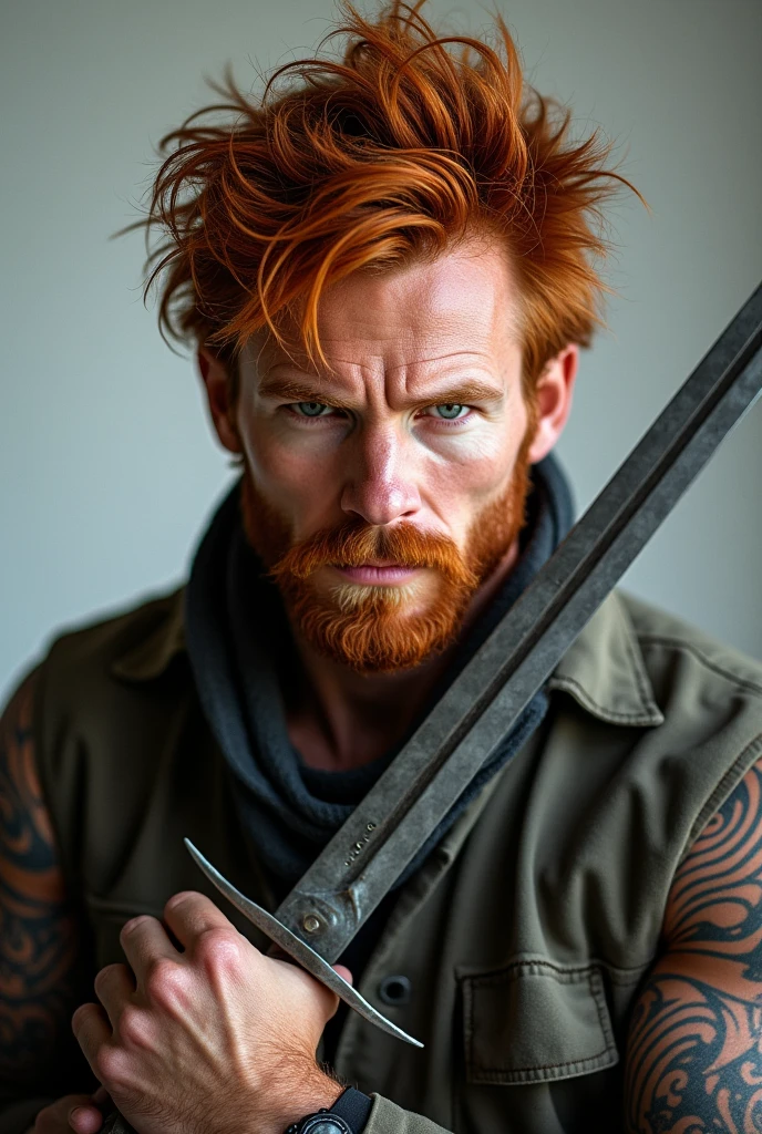 Show me a man with messy red hair and handsome skin on the cover of a magazine, carrying a sword and let it say ether wars. 