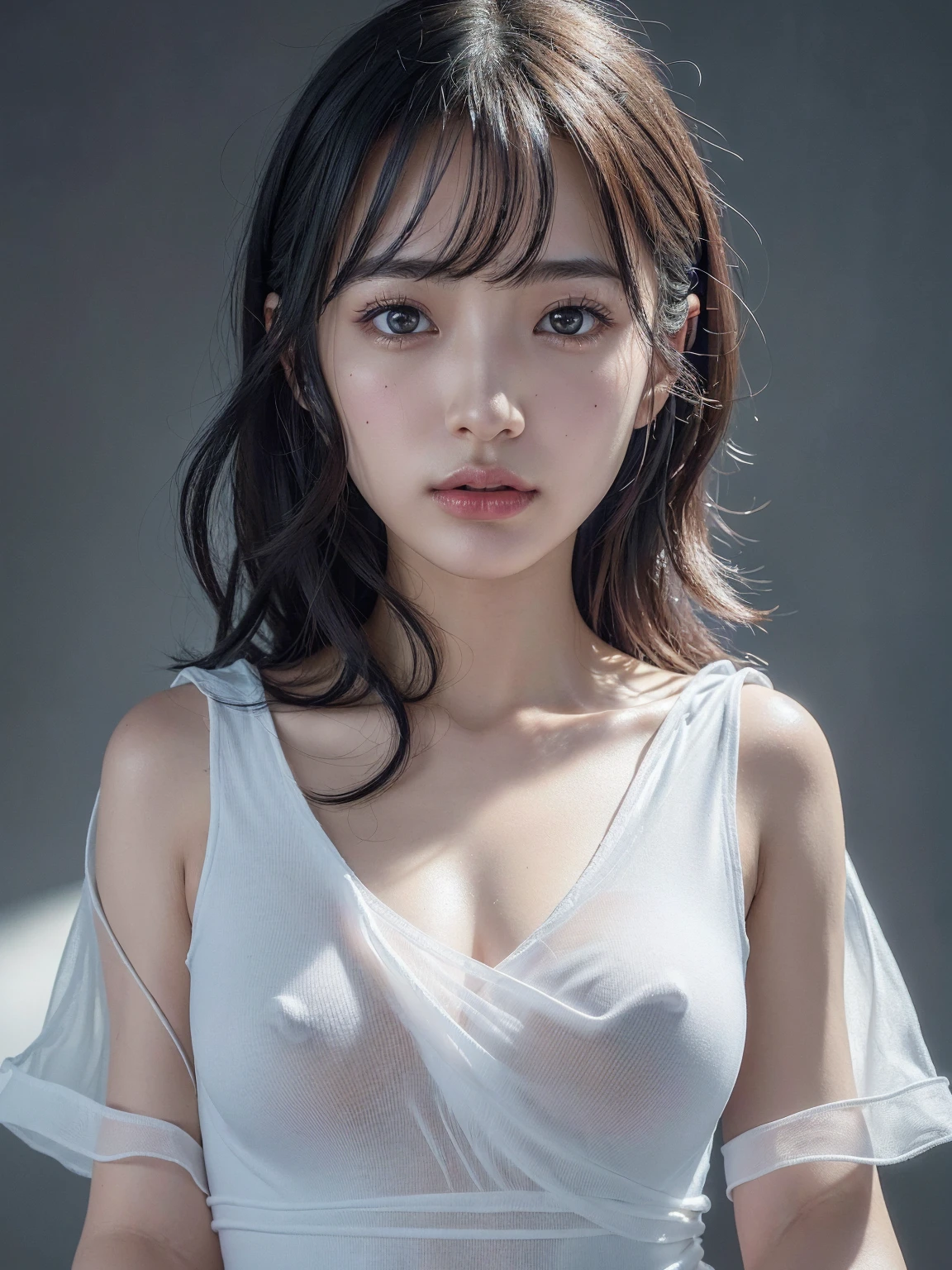 Random Pause, Mix 4, (8k, Original photo, Highest quality, masterpiece: 1.45), (Actual, Vibrant: 1.37), Skinny Japanese woman, One , charm, Gray background、 Professional Lighting, Photon Mapping, Radio City, Physically Based Rendering, Gradient black hair, Short Curly Hair, good looking, , (((The white dress is transparent..5))),Torn clothes、 High resolution, 1080P, (Beautiful Face), (Detailed facial depiction), (Detailed description of the hand), (Detailed CG), Extreme light and shadow, Messy Hair, Lots of details, (exquisite features), (Highest quality photos), (Beautiful Eyes), Look in front of you, Thin clavicle,