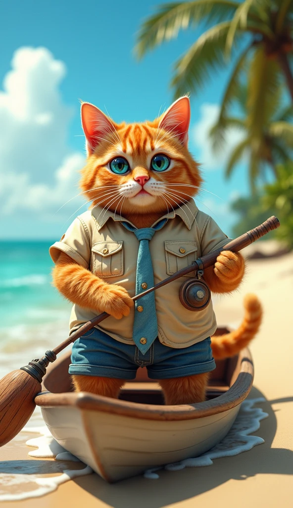 Make a picture of a fat obese orange cat, blue eyes, wear cool beach clothes and a tie, fishing on a boat, facing the camera, with a beautiful beach background, full body, wide, super realistic 8k images