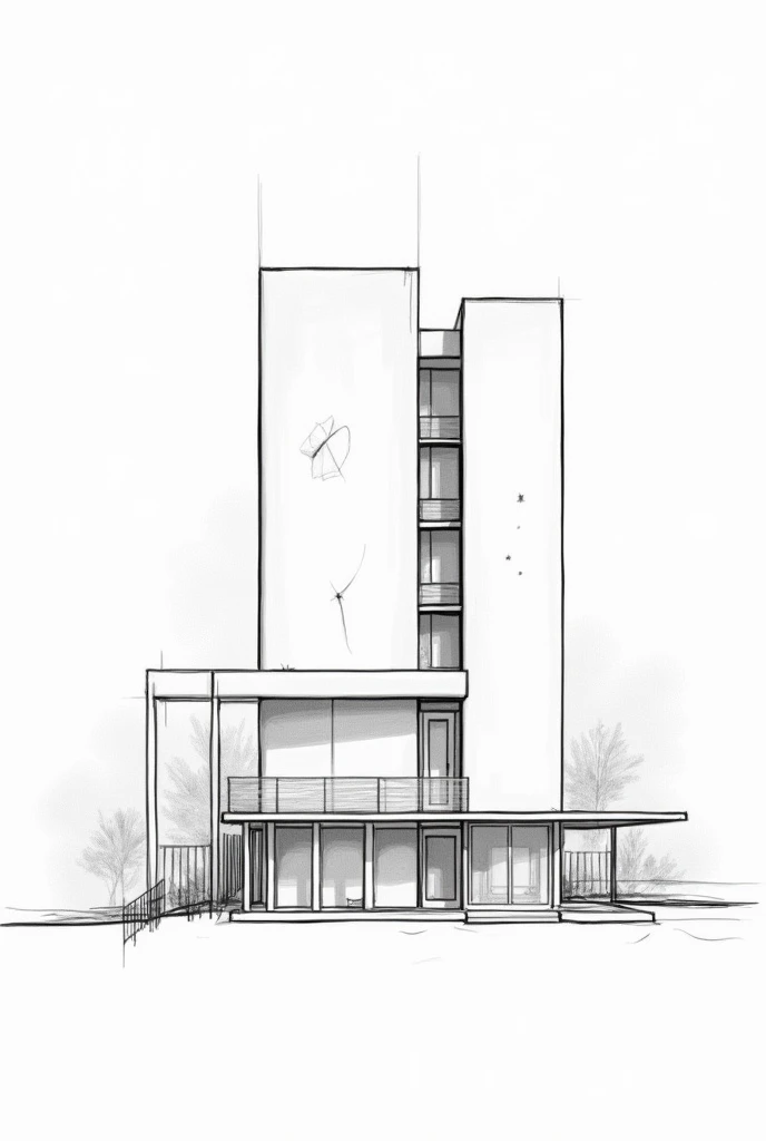 sketch a simple design of apartment house with solar panel and rain induce using black and white lines

