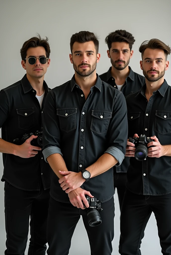 A. Men who set black danim shirt another cameras pose