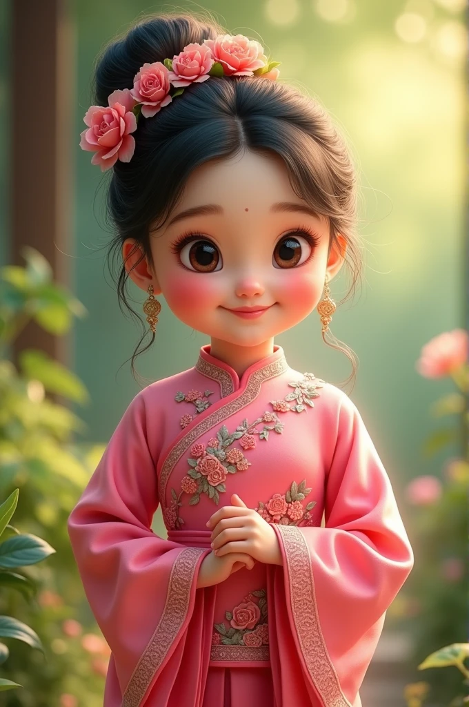 A cute, chubby girl wearing a pink Thai dress.