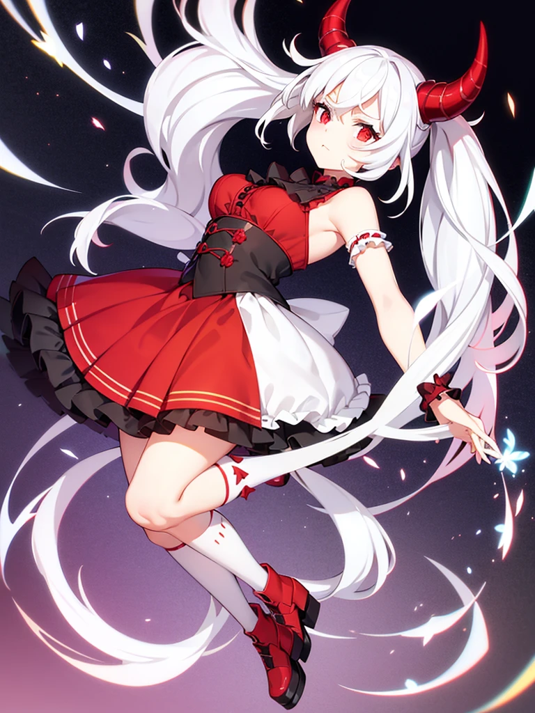 White hair, twin tails, fair skin, solo, Red eyes, , horns, gothic dress, full body picture, cute