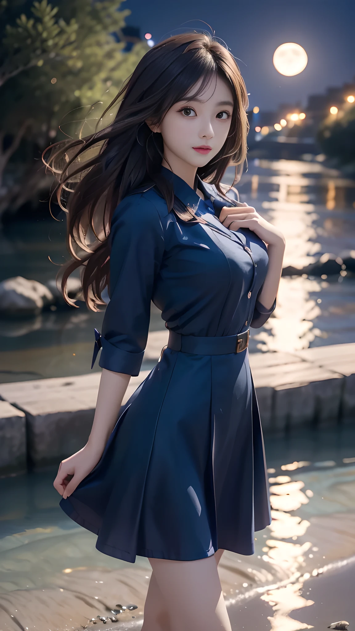 ulzzang-6500-v1.1, (RAW photo: 1.2), (Real photo), (Real photo: 1.4), 1 girl、Perfect anatomy、1、Looking at the camera、Medium length hair、uniform dress, walking beside a cool blue river in fores, with the moon and stars, ((by the river at night in fores: 1.1))、(Business service)、Asian eyes Ella,