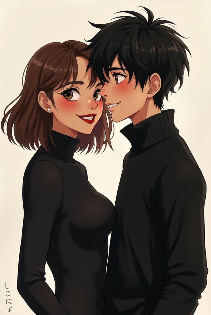 A girl of 170 centimeters. wearing a black turtleneck sweater that highlights her figure. Brown hair cut to shoulder length. with eyeliner that highlights her black eyes and a red lipstick that highlights her light brown skin. She is laughing and having a good time with a pale 160cm tall boy, wearing a loose black sweater. with black hair