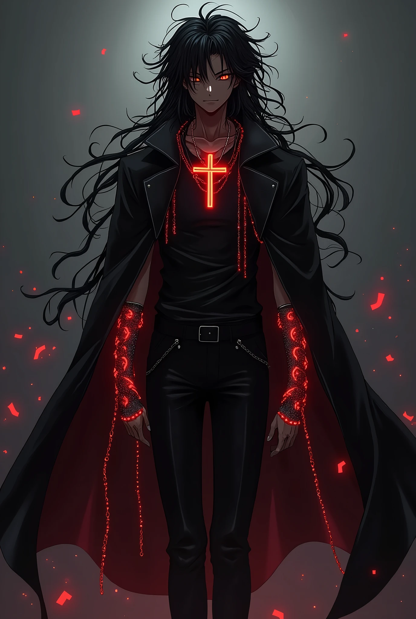 Black anime guy in all black clothes with a cross on his arm and neck, with dreadlocks and glowing red and gold chains on her arms.
Make his skin color black, give him curly fluffy dreadlocks, make it black with dreadlocks, he has a big black coat, hanging from the shoulders. 