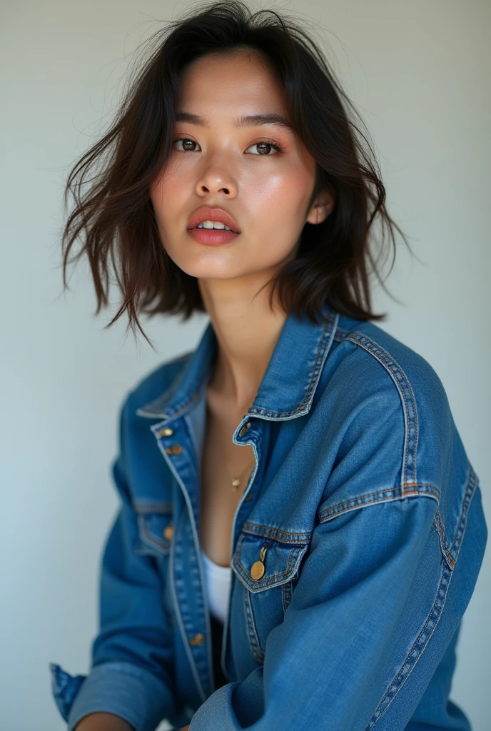 A women who setblue demen shirt in camera pose