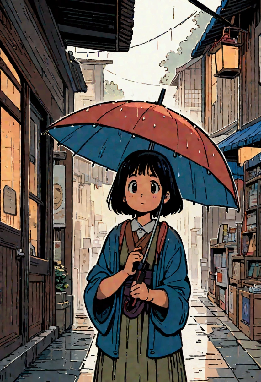 A girl waiting outside a Japanese book store carrying an umbrella in heavy rain in studio Ghibli art , high quality 8k