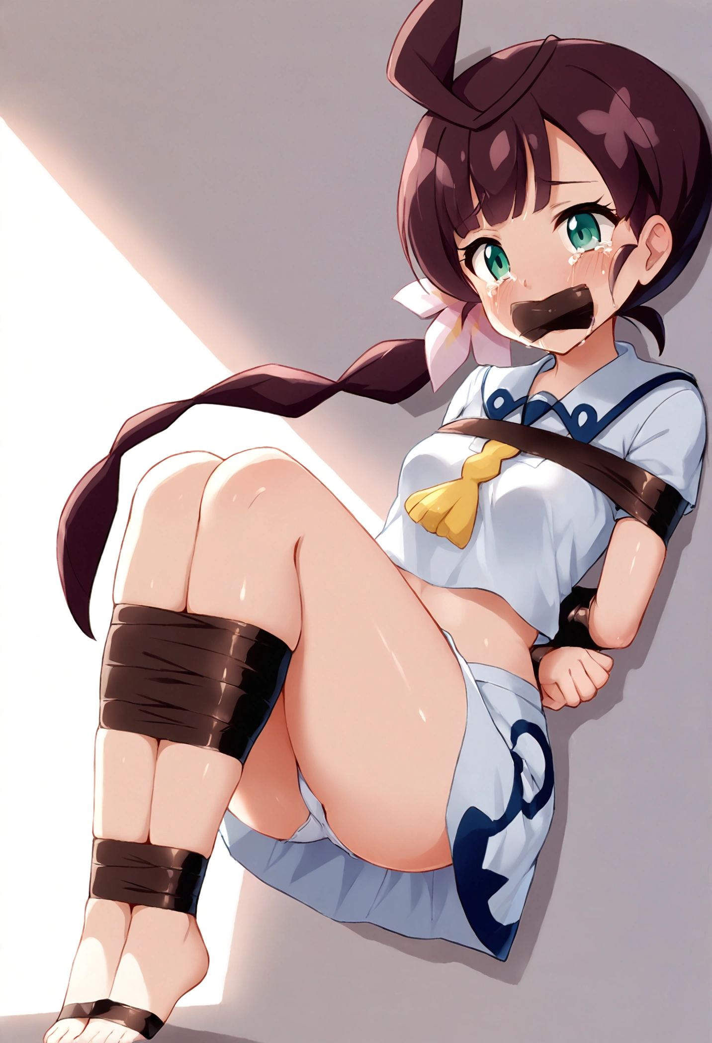 A beautiful anime girl, her hands tied up behind her back with duct tapes, mouth taped shut with duct tapes all around her mouth, knees and ankle are tied together with duct tapes but separated from her hands, she is crying for help, show whole body, with clothes, there are duct tape tied around up and down her