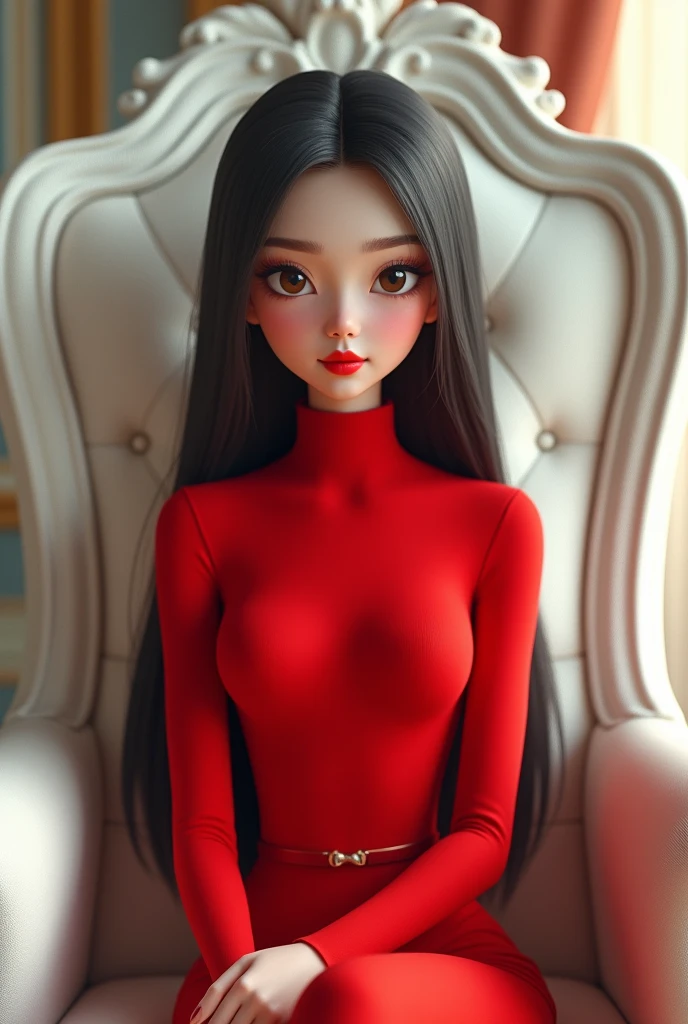 Pretty girl with long straight hair wearing red turtle neck  dress and red lipstick sitting in the white royal chair. 3D semi animated 