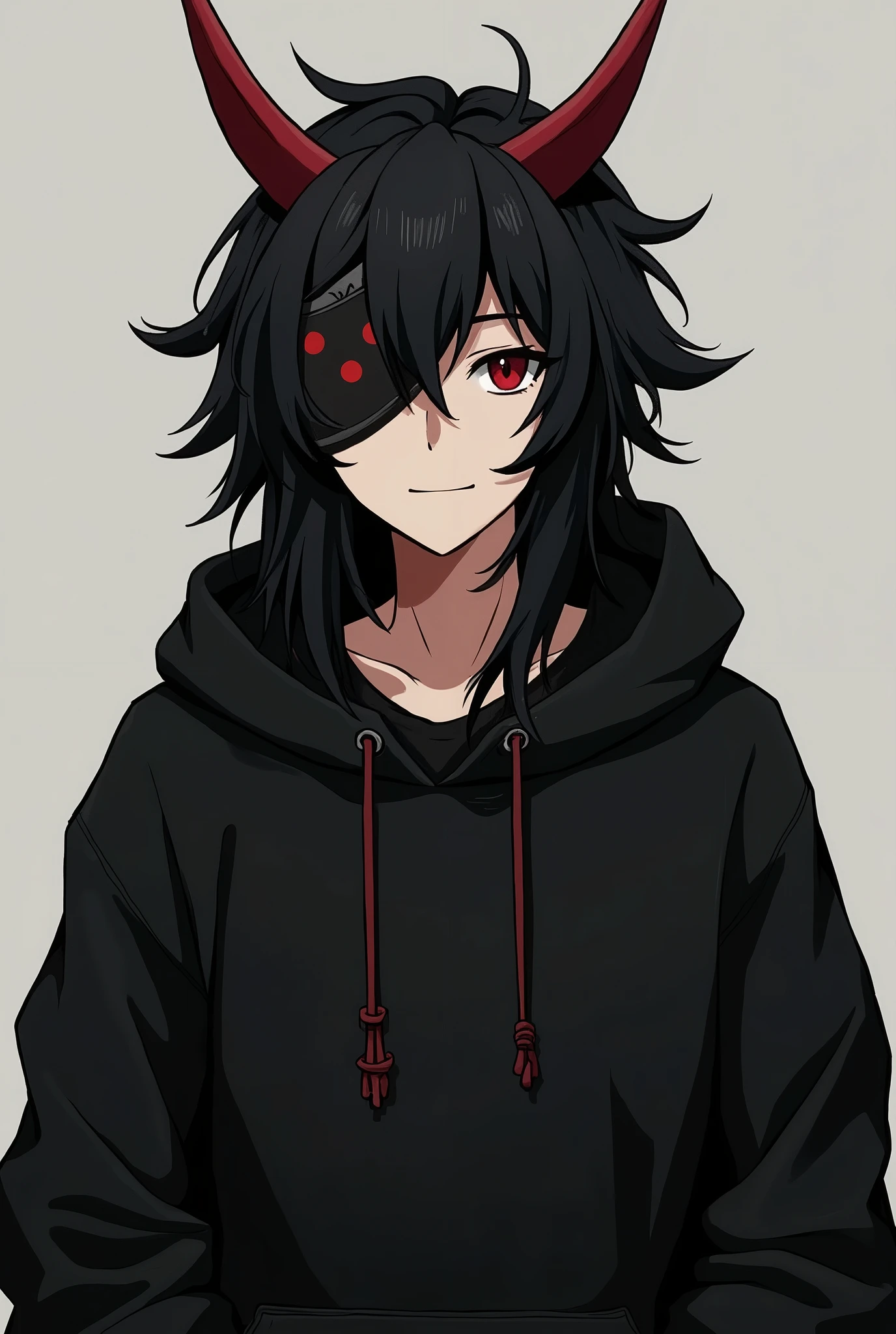 Handsome boy in his teens, dressed in a black sweatshirt with long jet black hair, falling down the back, partially covering his face with an onii demon mask, which mainly rested on the forehead.