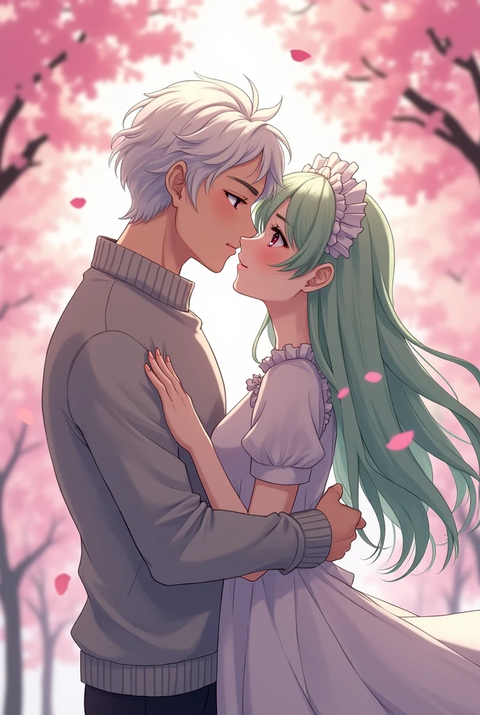 Anime boy with white hair, curly hair, pink eyes, pale skin, long eyelashes, grey eyebrows, glossy lips tall muscular white sweater, kissing shy female with long light green hair, maid, cherry blossom trees