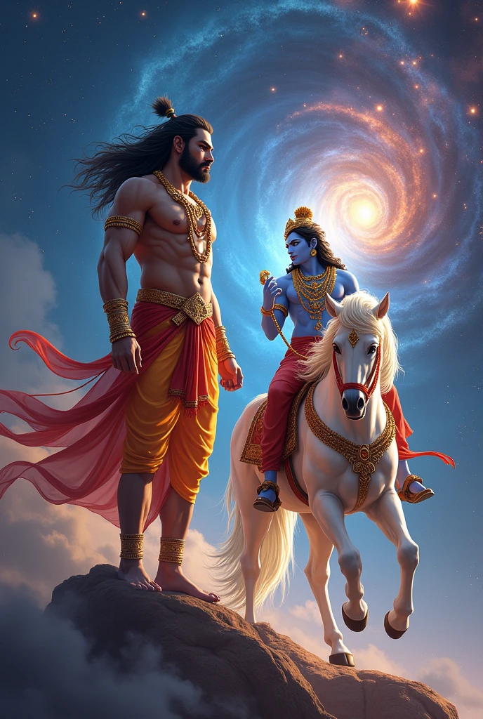 Lord Hanuman sstanding and lord Krishna sitting the hourse in universe