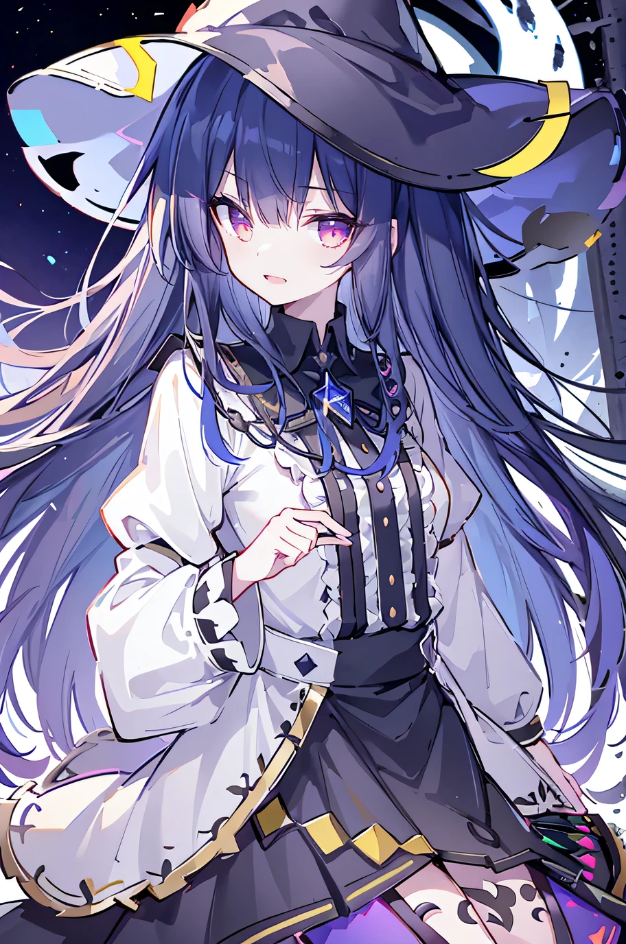 oung Girls,Humanity,A magician always smiles,big witch hat,cute,dark blue long hair,The eyes are dull,The bangs are heavy,Thin eyebrows,fantasy,intake,Double teeth,Star Theme,Constellation pattern,Solid color clothetal decoration,cloak,A bit of a dark atmosphere,A little crazy smile,When the big moon shines outside at night,blood,Hair black star embellishment,Short tie,No nails,High waist skirt,Bell sleeves,Long-sleeved shirt,Black tie,low risk,gentlemen。Mist、Yellow and white effect,Shocking pink as an accent color