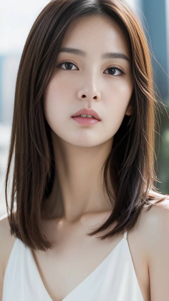 best quality, masterpiece, 8k, realistic, realistic 조명, clear focus, 1 girl, perfect look, slim body, View audience, dark brown hair, very detailed face, detailed eyes, White V-neck showing sternum, cityscape